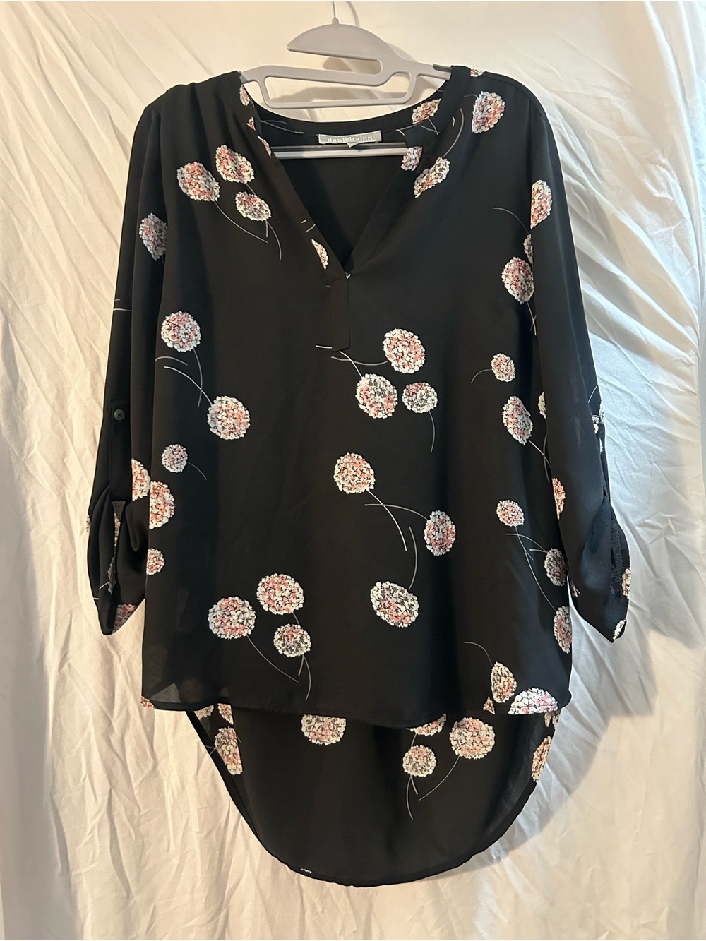 Daniel Rainn Black Floral Notch-Neck Blouse with Pink & White Daisies